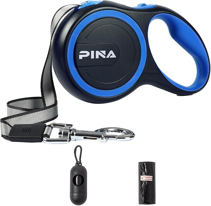 PINA Retractable Dog Leash, 26ft Dog Leash for Small Medium Large Dogs Up to 110lbs, 360° Tangle-Free Strong Reflective Nylon Tape, with Anti-Slip Handle, One-Handed Brake, Lock - Black Blue by PINA