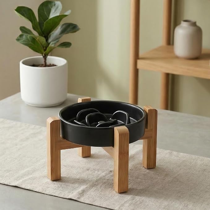 Elevated Ceramic Slow Feeder Dog Bowl with Stand 8.26in for Small&Medium Pet Raised Slow Feeder Dog Bowls Heavy Weighted Non-Toxic Non-Slip (Black, for Small&Medium Size) - Image 7