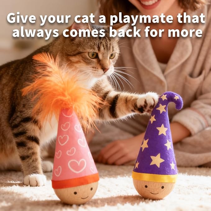 Lulu's world Solid Wood Wobbler Cat Toy with Catnip for Cats,Feather Style | Cat Punching Bag,360° irregular motion, noiseless physical drive, hardwood construction, rounded finish,interactive toys - Image 3