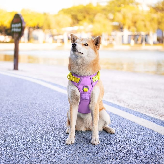 No Pull Dog Harness, Unique Colors Reflective Adjustable Dog Vest | with Soft Training Handle Metal Clips for Small Medium Large Dogs (Baby Purple Base & Yellow Straps,M) - Image 3
