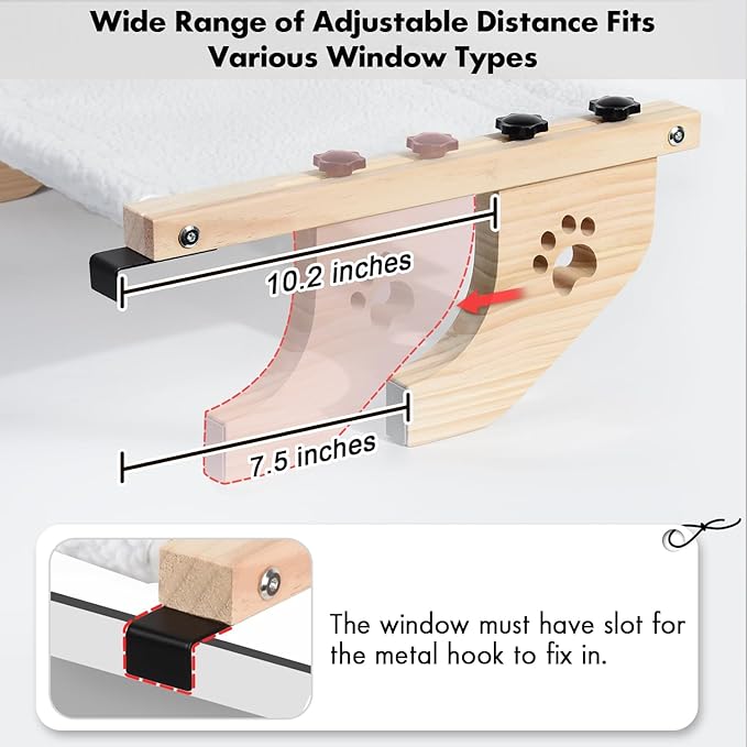 AMOSIJOY Cat Windowsill Perch with Wood & Metal Frame for Large Cat, 24.4in | Solid Wood Frame, Easy to Adjust, Washable Berber Fleece Cover, No Suction Cups Cat Window Seat for Windowsill, Bedside - Image 4