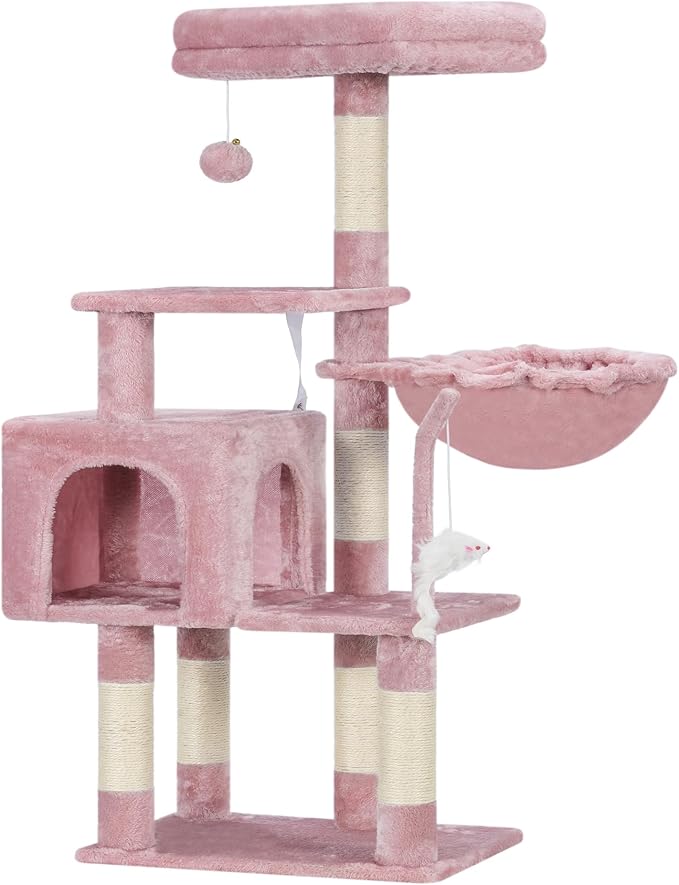 Heybly Cat Tree with Toy, 43.3 inch Cat Tower condo for Indoor Cats, Cat House with Padded Plush Perch, Cozy Hammock and Sisal Scratching Posts, Skin Pink HCT004SP - Image 8