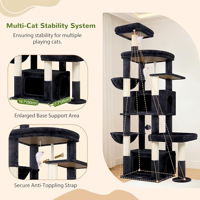 Globlazer 75in Sturdy Cat Tree Tower for Indoor Large Cats, S75, Dark Grey | Multi-Level Heavy Duty Cat Tower with Scratching Post, Oversized Condos & Perches for Big Cats, Large Baskets, Enlarged Base - Image 5