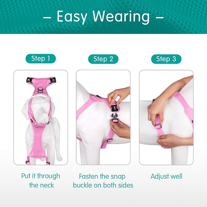 PoyPet Mesh Dog Harness, Reflective Breathable Puppy Vest for Medium Dogs | Lightweight, Soft Air Mesh, Back D-ring, Adjustable, Comfortable, Double Padded, No Choke, for Daily Walking, M, Light Pink - Image 3