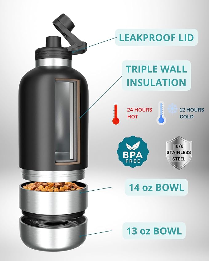 Dog Water Bottle, Insulated Dog Travel Water Bottle, Stainless Steel Pet Water Bottle Dispenser Portable Food and Water Bowl for Dogs with Carrying Case for Walking Dog Canteen Travel Kit - Image 2