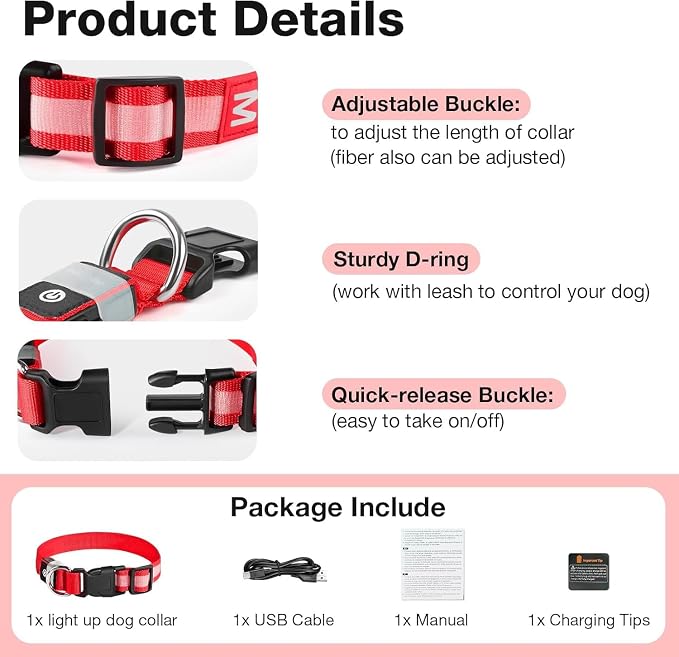 PcEoTllar Light up Dog Collar, Safe for Night Walking, Adjustable, Red, L | Colorful RGB Light, Waterproof, For Small Medium and Large Dogs, Durable Material, USB to Charge - Image 4