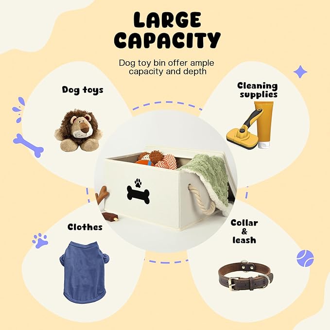 Dog Toy Basket with Lid, Dog Basket for Toys, Dogs Toy Box with Cotton Rope Handles, Collapsible Storage Bins for Pet Toys, Dogs Storage Organizer, Beige - Image 2