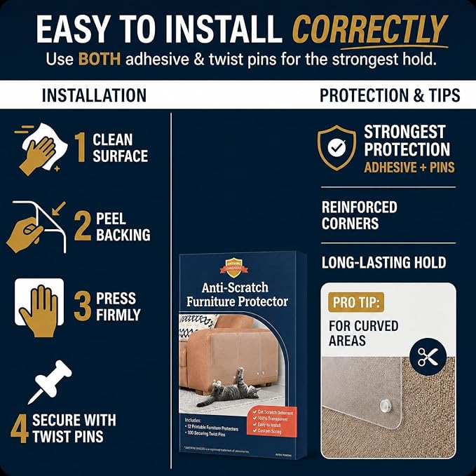 Cat Scratch Furniture Protector - 18 Pack XL | 17" x 12" Sheets, Sofa Guard, Claw-Deterrent Pet Coverage, Self-Adhesive with 50 Twist Pins, Cuttable to Fit - Image 4