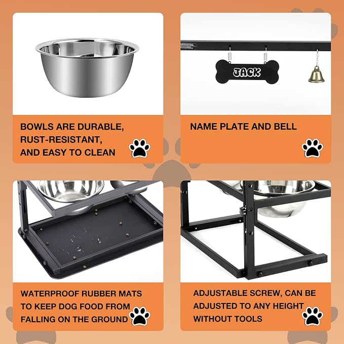 Elevated Dog Bowls, Raised Stand for Large and Medium Dogs, Adjustable Height With Two 58oz Stainless Steel Food Bowls and Spill Proof Mat - Image 3