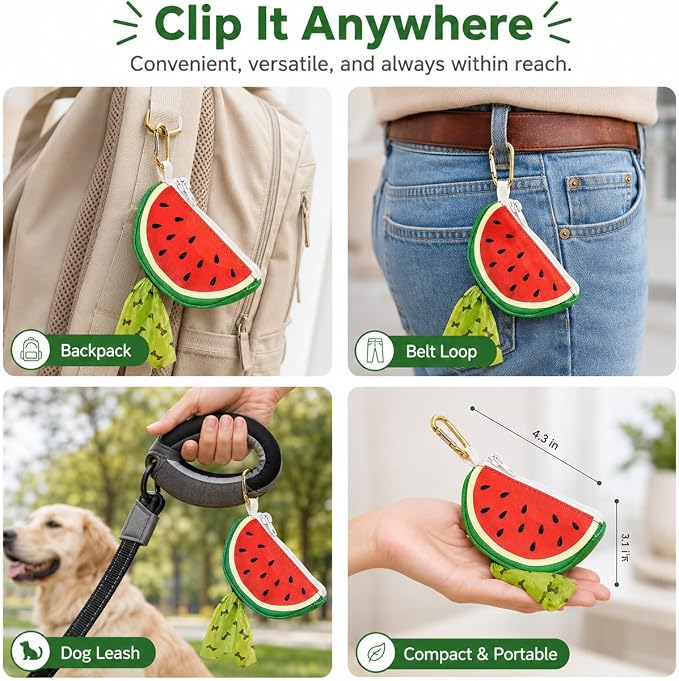 Watermelon Shaped Dog Poop Bag Holder Leash Attachment | Zipper Poop Bag Holder Dispenser & Trash Bag Carrier for Dog Walking, Cute Leash Attachable Dog Poop Bag Holder - Image 4