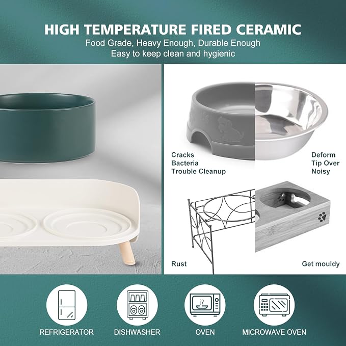 Elevated Ceramic Dog Bowl Set - Double Dog Feeding Bowls with Stand Splash Proof - Raised Dishes for Food and Water - Ideal for Small to Medium Dogs - 2 x 720 ml - 11.3 oz - Green - Image 6