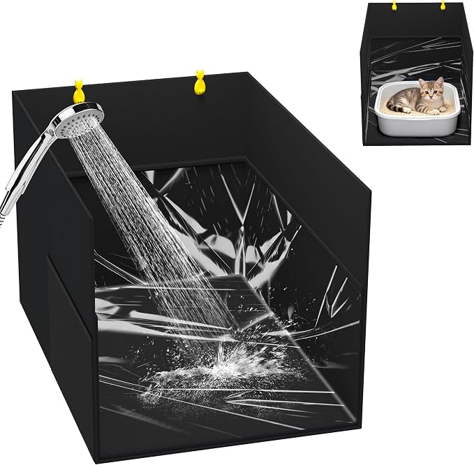 Aokeyee Cat Litter Box Enclosure Splash Guard, Black Waterproof | 27.16x21.65x16.53, Removable PVC Mat with 2 Hooks, Foldable Anti-Leakage Dust Control by Aokeyee