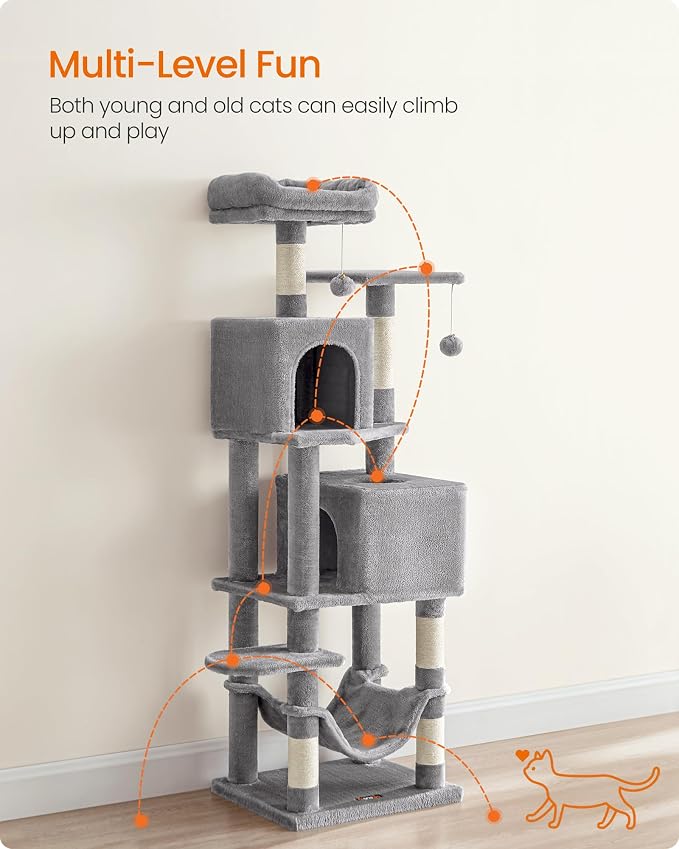 Feandrea Cat Tree, 59.5-Inch Tall Cat Tower, Plush Multi-Level Condo with 5 Scratching Posts, 2 Perches, 2 Caves, Hammock, 2 Pompoms, Light Gray UPCT192W01 - Image 3