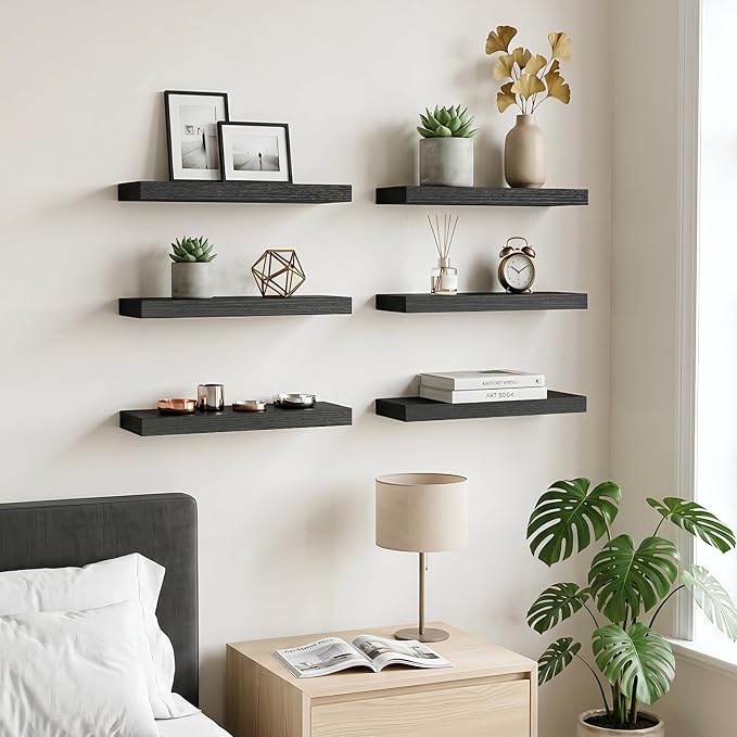 Fixwal Floating Wall Shelves for Decor (Black, Set of 6, 15.7 Inch) | MDF Shelves with Metal Brackets, Space Saving for Books, Decor, Works in Bathroom, Kitchen, Living Room, Bedroom - Image 4