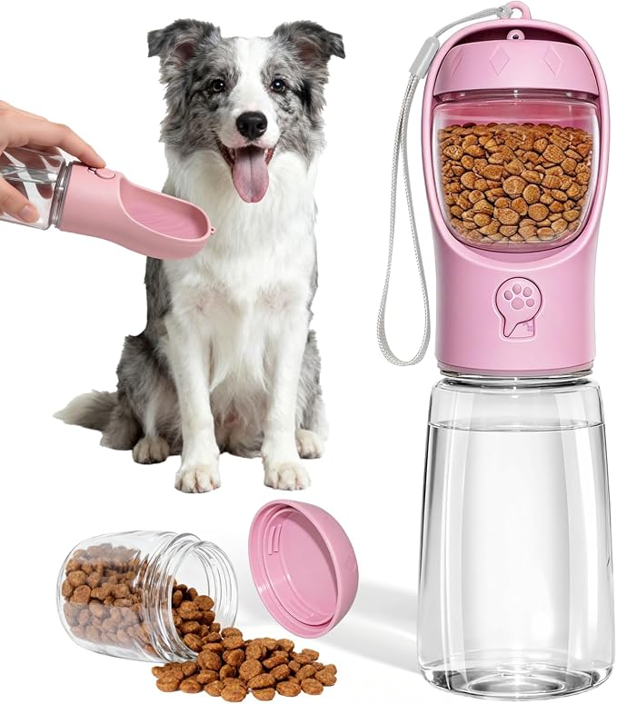 Portable Dog Water Bottle with Food Container, Drinking Bottle for Travel | 2 in 1 Dog Water Bowl, Leak Proof Pet Water Dispenser, BPA Free, Puppy Essentials, for Walking Hiking (Pink,19oz) by Liphier