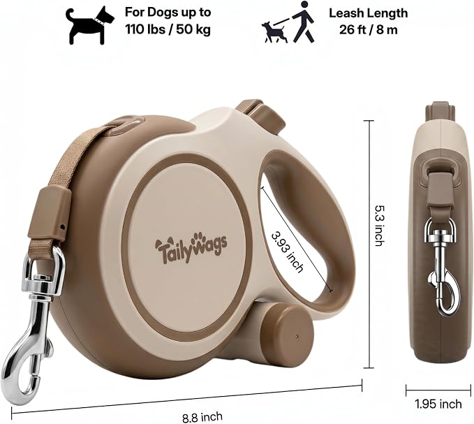 26ft Retractable Dog Leash for Large Dogs up to 110 lbs, Khaki | Automatic 8M 360°Tangle-free Durable Nylon Rope for Dogs up to 50KG,Detachable Waste Bag Dispenser, One-hand Brake & Lock - Image 2