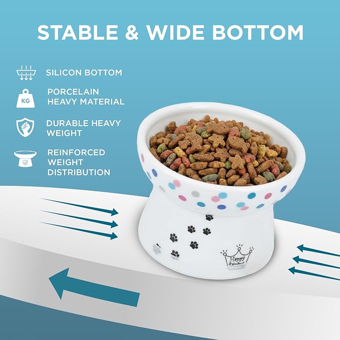 Necoichi Ceramic Raised Cat Food Bowl, 15° Tilted (Colorful Dots, Regular) - Image 5