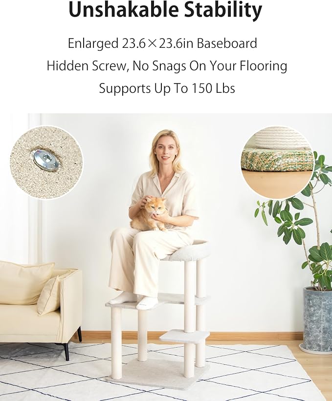 Cat Tree Tower Wooden 37.4''(95 cm), Large Cat Tree with Jump Platform & Play Ball for Indoor Cats, Ideal Cat's Climbing Frame & Playhouse (Linen Fabric Light Grey) - Image 9