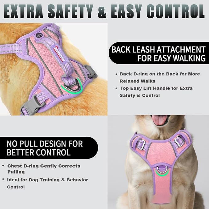 BARKBAY No Pull Dog Harness Large Reflective Dog Harness with Front Clip and Easy Control Handle for Walking Training Running with ID tag Pocket(Baby Pink & Violet Purple,L) - Image 3