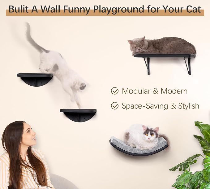 Curved Cat Wall Hammock Bed with Grey Foam Cushion – Floating Cat Wall Shelf Nest for Climbing, Sleeping & Lounging - Image 5