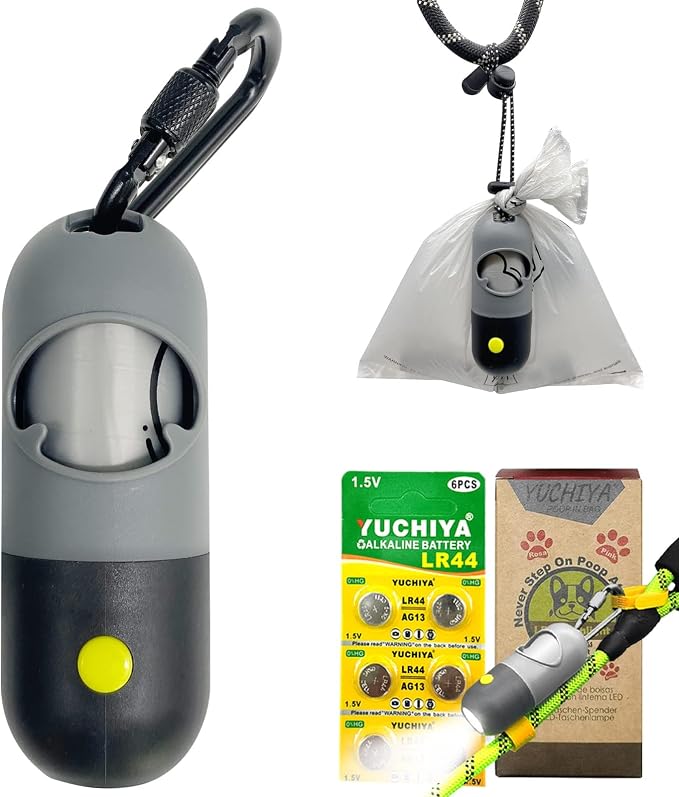 Dog Poop Bags Holder with LED Flashlight|Pet Waste Bags Dispenser for Leash|Doggie Potty Bags Container with Leak-proof Pet Trash Bags and Accessories (1 Holder 15 Bags, Grey and Black) by YUCHIYA
