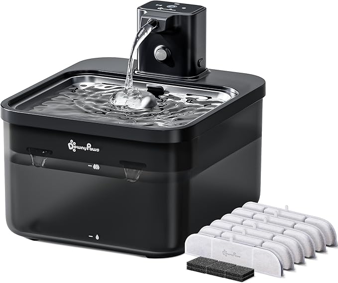 DownyPaws Cat Water Fountain Cordless, Pet Fountain, Black Pro, 6 Filters | Wireless Cat Drinking Water Fountains for Cats Indoor, Fursink , Battery Operated, Motion Sensor, Ultra Quiet Pump, BPA-Free by DownyPaws
