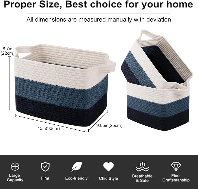 OIAHOMY Storage Basket, Woven Baskets for Storage, Cotton Rope Basket for toys,Towel Baskets for Bathroom - Pack of 3, Gradient Blue - Image 3
