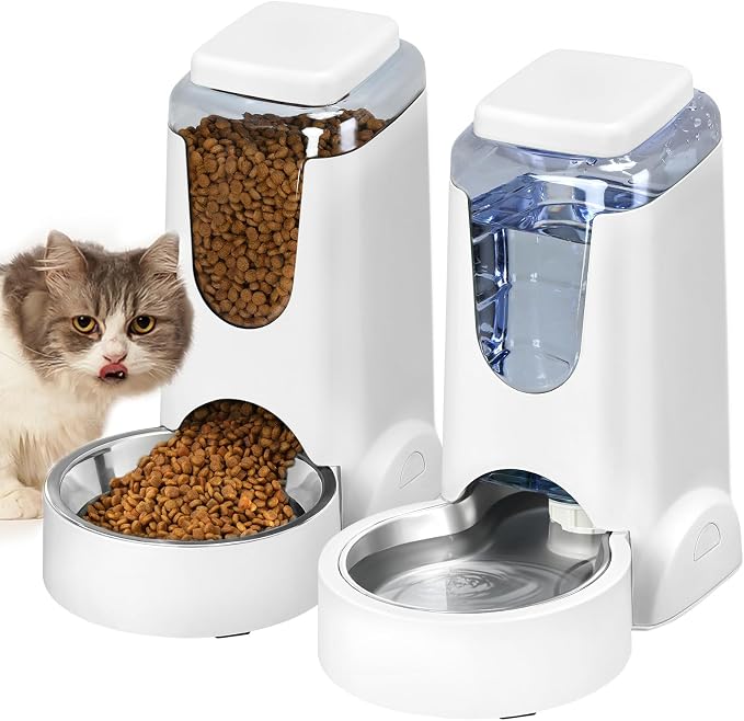 Automatic Cat Feeder and Water Dispenser with Stainless Steel Bowl Dog Gravity Food Feeder and Waterer for Small Medium Pets Puppy Kitten 1 Gallon x 2 by HWONMTEPETFEEDER