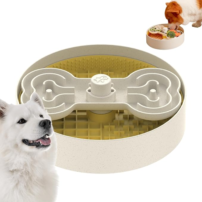 Puzzle Feeder Slow Feeder Dog Bowl with Lick Mat and Puzzle Inserts - Non-Slip Base, Adjustable Speed Design, Dishwasher Safe for Large Dogs,Yellow by PuzzleFeeder