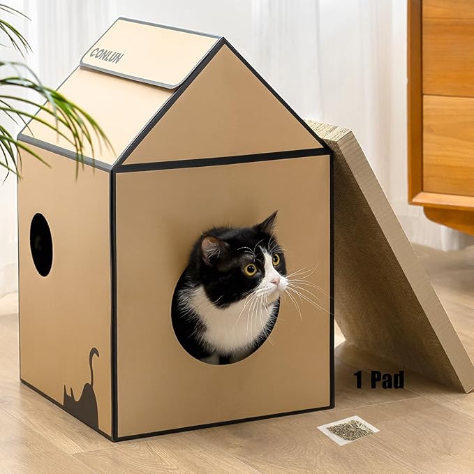 Conlun 2-in-1 Cat House Cardboard Scratching Pad Indoor Cave <13 lbs | 2-in-1 cozy cave, heavy-duty recycled cardboard | traps messy crumbs | quick setup | ideal for small cats by Conlun
