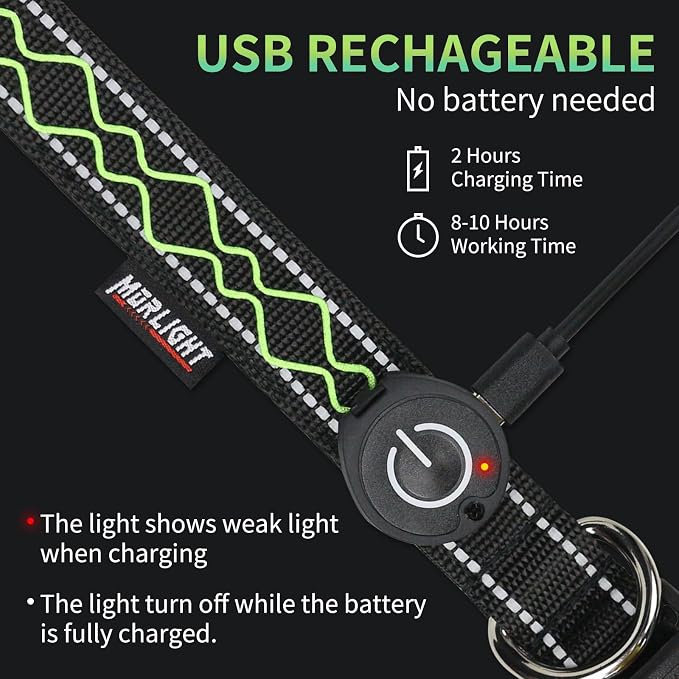 Rechargeable LED Dog Collar for Night Walking, Embroidered Rope Light | The LED light is visible from 360 degrees, anti-loss and enhancing outdoor walking safety(Small Green) - Image 4