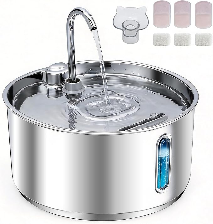 Stainless Steel Cat Water Fountain, 135oz/4L Automatic Pet Water Dispenser with 3 Filters & 2 Water Outlets, Quiet Indoor Drinking Fountain for Cats Small Dogs, Water Level Window by Unknown