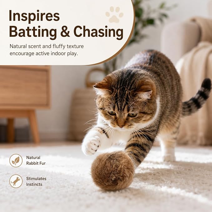 Rabbit Fur Ball Cat Toy, 10cm Natural Rabbit Fur Catnip Silvervine Gall Fruit Toy, Soft Scented Interactive Cat Ball for Indoor Cats & Kittens, Batting Chasing Rolling Play - Image 5