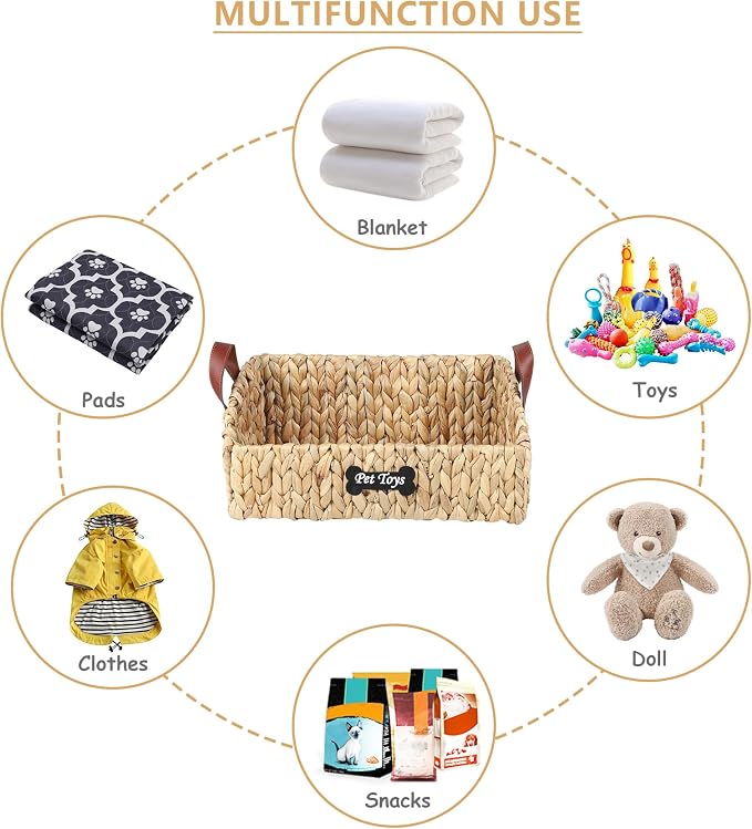 Trapezoid Pet Dog Toy Basket,Medium Dog Toy Bin,Wicker Storage Basket for Dog Cat Toys,Dog Storage Organizer for Leash Blanket Toys Snacks -Natural Farmhouse Water Hyacinth - Image 3