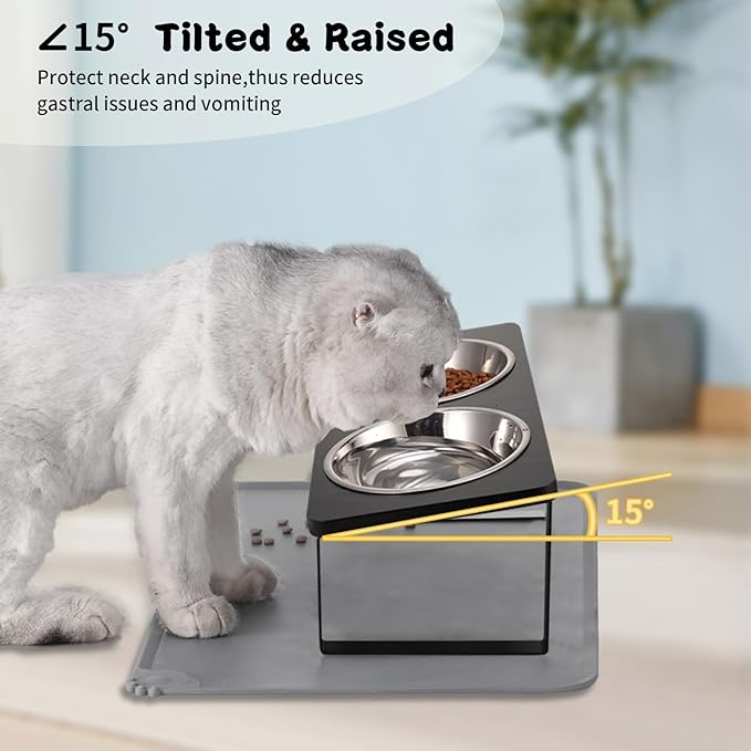 Summark Upgraded Elevated Cat Bowls with Food Mat,15°Tilted Stand Anti Vomiting Raised Cat Dishes for Food and Water,2 Stainless Steel Bowls for Cats and Puppy（Black） - Image 4