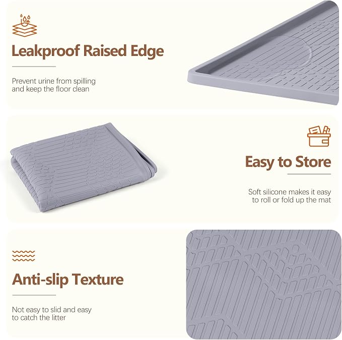Silicone Cat Litter Box Mat 38'' x 25'' Cat Mat with Toy, Grey | Extra Large Litter Mat with lip, Non-Slip Waterproof Cat Litter Mat Litter Trapping Mat for Floor, Easy to Clean - Image 6