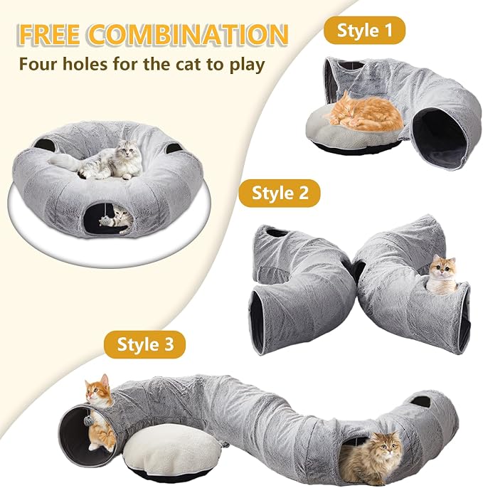WINDRACING Cat Tunnel Bed for Indoor Cats - Cute Cat Donut Tunnel with Washable Circle Cushion, Round Pet Play Toy for Kitten/Puppy/Rabbit, Grey - Image 4