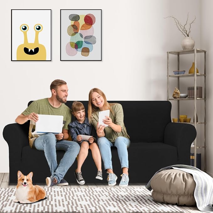 MAXIJIN Couch Covers for 3 Cushion Couch Sofa (71"-91"), 1-Piece Stretch Sofa Cover Slipcover Furniture Protector with Elastic Bottom for Kids,Dogs (Large, Diamond Pattern Black) - Image 2