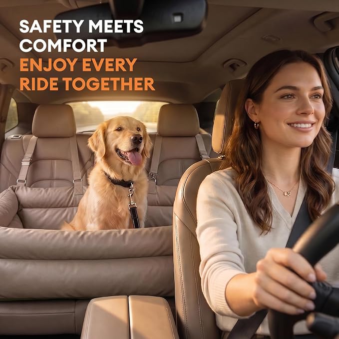 FUNNY FUZZY Leather Dog Car Seat for Large Size Dogs, Pet Booster Car Seats | Waterproof Car Seat with Safety Clip-On Leash, Soft Fabric Car Dog Bed Filling Memory Cotton, Washable Travel Pet Bed(Khaki) - Image 3