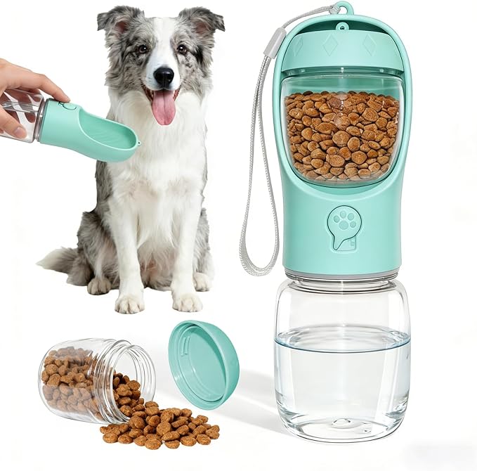 Portable Dog Water Bottle with Food Container, Drinking Bottle for Travel | 2 in 1 Dog Water Bowl, Leak Proof Pet Water Dispenser, BPA Free, Puppy Essentials, for Walking Hiking (Blue,12oz) by Liphier