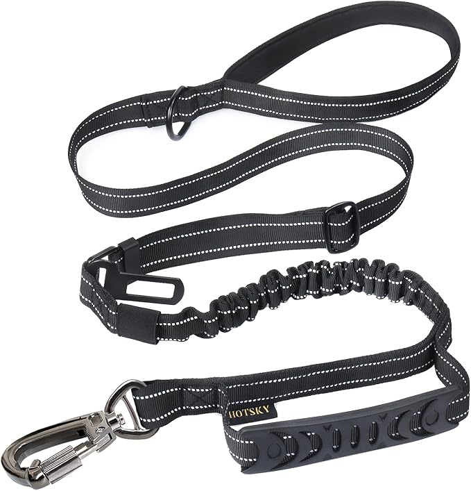 Hotsky Tactical Bungee No Pull Strong Dog Leash,Reflective Black,4-6FT | Heavy Duty for Medium Large Dogs That Pull up to 660 lb,with Padded Double Handle ＆ Car Seatbelt,360°Rotating Locking Clasp by Hotsky