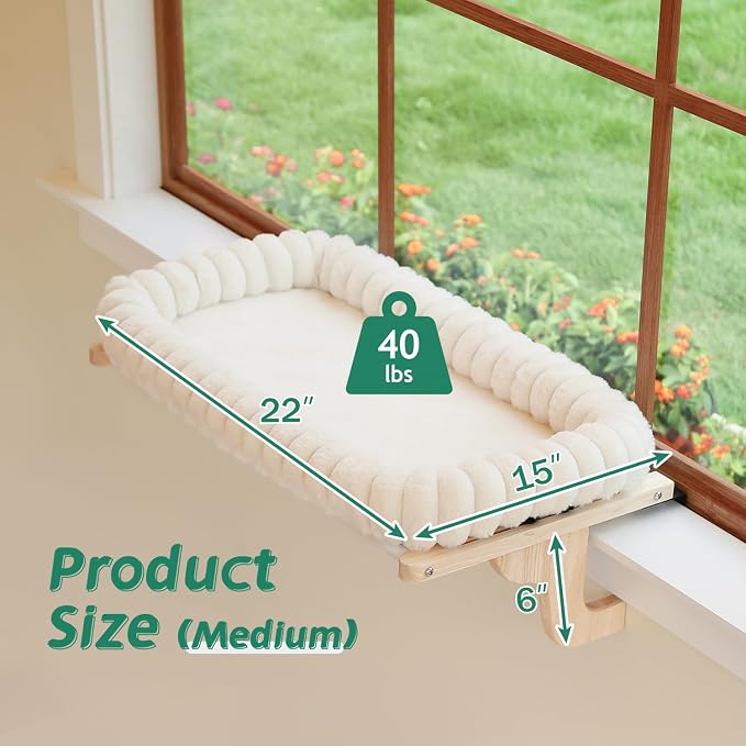 Zakkart SnugCloud Cat Window Perch with 4-Sided Bolster - Orthopedic Cat Hammock for Window Sill - Solid Hardwood & Metal Frame - Window Seat for Pets (Natural Color Wood w/White Bed, Medium) - Image 8