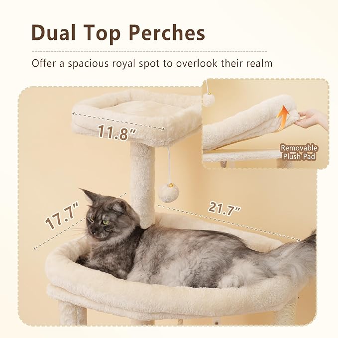 Heybly 64.2" Heavy-Duty Cat Tree for Large Cats with Wide Base HCT027M | Indoor Cat Tower with Scratching Posts & Board, Cat Furniture with Big Platforms, Extra-Large Hammock, Beige - Image 3