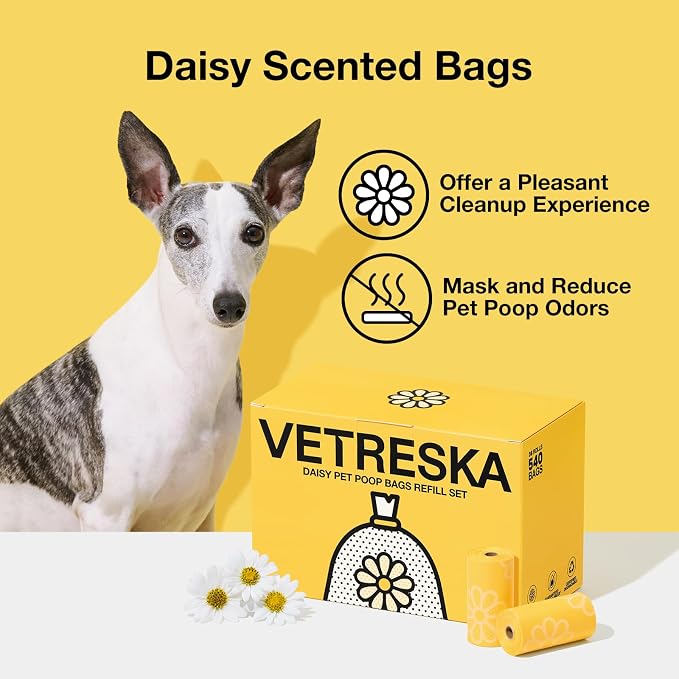 VETRESKA Daisy Scented Dog Poop Bags, 540 Counts, Leak-proof | Extra Thick and Large Pet Waste Bags for Dog Walking and Cat Litter, 36 Refill Rolls - Image 2
