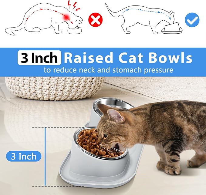 Ant Away Stainless Steel Elevated Cat Bowls with Stand - Tilted Anti Vomiting, Double Food and Water Bowl Set (Grey, 16 Oz) - Image 4