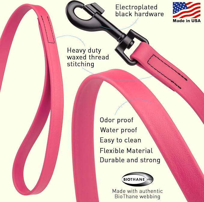 Dogline Biothane Waterproof Dog Leash Strong Coated Nylon Webbing with Black Hardware Odor-Proof Easy to Clean High Performance for Small or Large Dogs Made in USA 4 or 6 ft Lead, Passionfruit Pink - Image 2