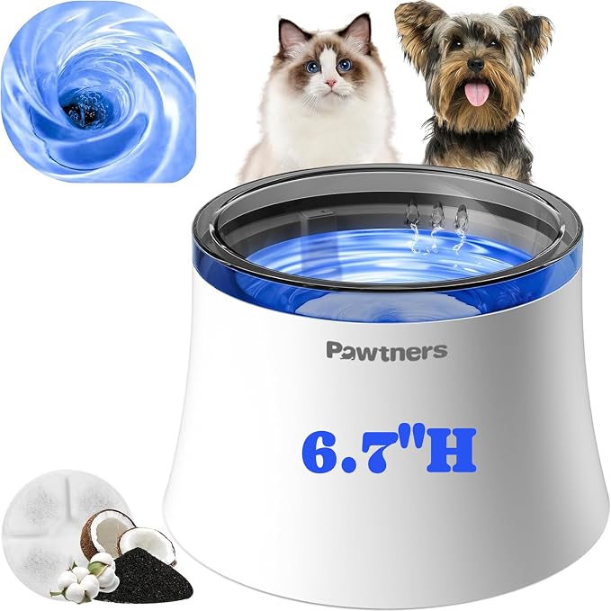 Pawtners 1 Gal/3.5L Dog Water Fountain, Automatic Dog Water Bowl Dispenser | Vortex Flow filter, Automatic Pet Water Fountain for Large Dogs Inside, Deep Drinking Area and Quiet Pump, 6.7" H by Pawtners