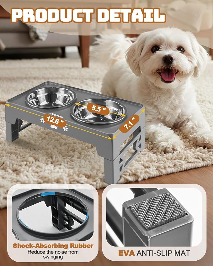 Jovrun Elevated Dog Bowls for Small Dogs and Cats, Non-Slip Cat Bowls with 2 Thick 5.5" Stainless Steel Dishes, Dog Feeder 2 Heights Adjustable to 2.6"-5.3" - Image 3