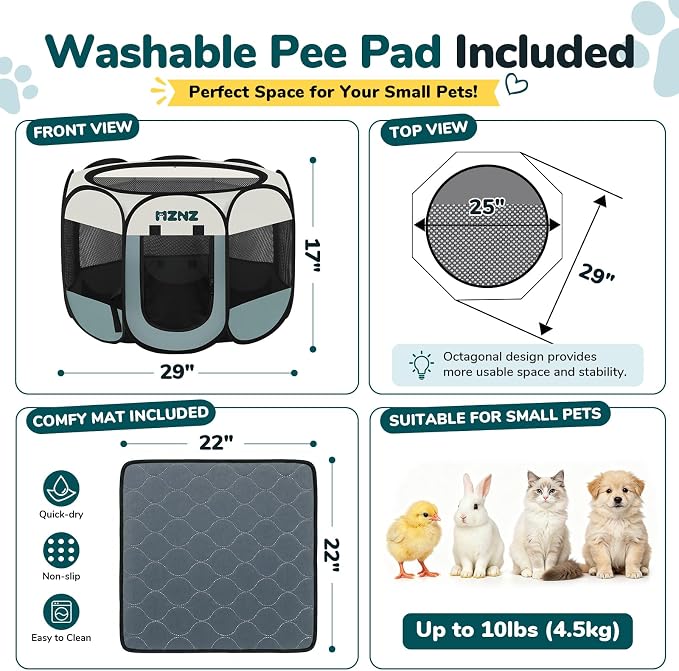 Dog Cat Small Animal Puppy Playpen Crate with Pee Pad, Small | Portable Pop Up Pet Cage Enclosure Tent Kennel Indoor Outdoor with Carrying Case, No Assembly, Camping Use - Image 2