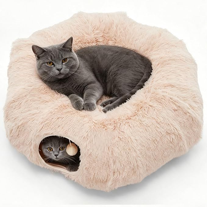 DUMOS Cat Tunnel Bed for Indoor Cats, Cave Donut Play Tunnel, Cream | Soft Plush Peekaboo, Washable Circle Cushion, Multifunctional Playground Under Tree Toys for Kittens, Puppy, Rabbit, Ferret by DumosLifestyle